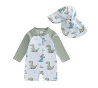 Loalirando Maillot de Bain Enfant Bébé Garçon de 2 Pièces Anti-UV, Combinaison Zippé à Manches Longues Imprimé + Chapeau à Large Bord (Vert Dino, 12-18 Months)