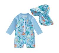 Loalirando Maillot de Bain Enfant Bébé Garçon de 2 Pièces Anti-UV, Combinaison Zippé à Manches Longues Imprimé + Chapeau à Large Bord (Bleu Ciel, 12-18 Months)
