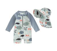 Loalirando Maillot de Bain Enfant Bébé Garçon de 2 Pièces Anti-UV, Combinaison Zippé à Manches Longues Imprimé + Chapeau à Large Bord (Gris, 4-5 Years)