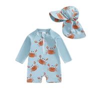 Loalirando Maillot de Bain Enfant Bébé Garçon de 2 Pièces Anti-UV, Combinaison Zippé à Manches Longues Imprimé + Chapeau à Large Bord (Bleu Crabe, 6-12 Months)