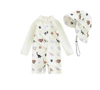 Loalirando Maillot de Bain Enfant Bébé Garçon de 2 Pièces Anti-UV, Combinaison Zippé à Manches Longues Imprimé + Chapeau à Large Bord (Blanc Dino, 2-3 Years)