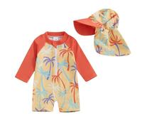 Loalirando Maillot de Bain Enfant Bébé Garçon de 2 Pièces Anti-UV, Combinaison Zippé à Manches Longues Imprimé + Chapeau à Large Bord (Orange, 3-6 Months)