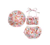 Loalirando Maillot de Bain Nouveau-né Bébé Fille de 3 Pièces Imprimé Top Court à Bretelles + Culotte de Bain + Chapeau avec Noeud Papillon, Rose Fleurs, 18-24 Mois, Taille Fabriquant 100