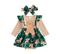 Loalirando Robe Barboteuse Noël Bébé Fille, Ensemble 2 Pièces avec Bandeau, Motif Père Noël et Bonhomme de Pain d'Épices (Vert, 12-18 Months)