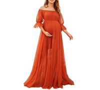 Loalirando Robe de Grossesse Cérémonie Maxi-Longue à Manches 1/2, Robe de Maternité en Tulle Epaules Dénudées Shooting Photo (Orange Rouge, XL)