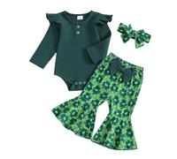 Loalirando Tenue de fête de la Saint-Patrick à manches longues et volants pour nouveau-né fille, haut trèfle, pantalon évasé, bandeau, ensemble de 3 pièces, vêtements de printemps, Vert, 12-18 mois