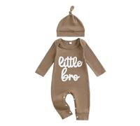 Loalirando Tenue Nouveau-Né Bébé Garçon de 2 Pièces, Body à Manches Longues avec Broderie Lettres 'Liitle Brother' + Chapeau (Café, Newborn)