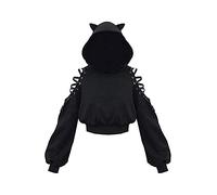 Loalirando Women's Cute Cat Ear Crop Top Oversized Hoodie Off Shoulder Hollow Out Long Sleeve Black Punk Gothic Sweatshirts