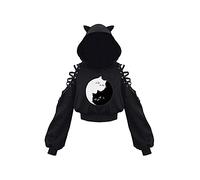 Loalirando Women's Cute Cat Ear Crop Top Oversized Hoodie Off Shoulder Hollow Out Long Sleeve Black Punk Gothic Sweatshirts