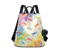 Loancwa Sac à dos arc-en-ciel tie-dye libellule pour femme 17L - 290 polyester sergé décontracté avec fermeture éclair antivol dans le dos, poignée en cuir et porte-clés boule en peluche pour voyage