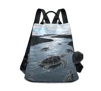 Loancwa Sac à dos pour femme Motif glacier et tortue de mer 17 L - 290 polyester sergé décontracté avec fermeture éclair antivol dans le dos, poignée en cuir et porte-clés boule en peluche pour voyage