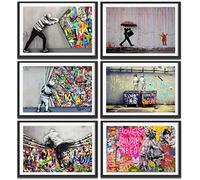 LOARTVE Banksy Lot de 6 impressions sur toile pour salon, chambre à coucher, bureau, décoration d'intérieur - Motif pluie abstraite colorée - Sans cadre
