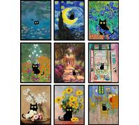 LOARTVE Lot de 9 impressions sur toile représentant un chat noir amusant - Tournesol vintage - Décoration de chambre à coucher - Décoration de chambre à coucher - Sans cadre