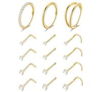 LOAYHOAY Lot de 15 anneaux de nez en acier inoxydable 316L 20 g pour homme et femme - Clous de nez en forme de L - Anneaux de nez à charnière - Bijoux de piercing de nez, Métal, zirconium carré