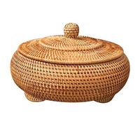 Lobamop Panier de rangement en rotin tissé à la main avec couvercle rond Couleur chinoise Snacks Thé Service Boîte de rangement