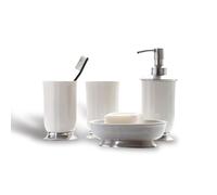 Loberon Millicent Set de Salle de Bains - Laiton et céramique - 2 gobelets, Une Coupe et Un Distributeur de Savon, Blanc/argenté