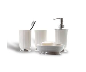 Loberon Millicent Set de Salle de Bains - Laiton et céramique - 2 gobelets, Une Coupe et Un Distributeur de Savon, Blanc/argenté