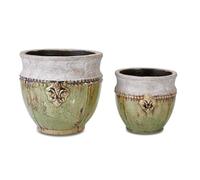 Loberon Montcony Lot de 2 Cache-Pots - Terre Cuite à la beauté Naturelle - Chaque pièce est Unique, Vert Vieilli/Gris