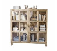 Loberon Stoneham Commode avec portes en verre aspect fenêtre à barreaux, trois compartiments intérieurs, design rustique rural, rangement, commode en bois de manguier, laiton, marron