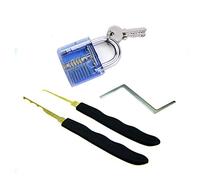 Loboo Idea Kit d'entraînement premium de 4 pièces pour serruriers, comprenant 2 crochets de crochetage, une clé de tension de crochet et un cadenas transparent bleu pour serruriers débutants et