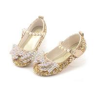 LOBTY Chaussures de Princesse pour Fille Mary Jane Paillettes Papillon Talons Plats Enfants Chaussures Ballerines Sandales Mariages Boule Anniversaire Fête Noël Halloween Carnaval Doré EU25-36