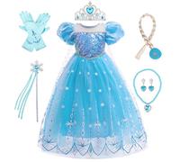 LOBTY Fille Robe de Princesse Elsa avec Accessoires Couronne Collier Déguisement de Reine des Neiges Costume de Princesse Anniversaire Fête Noël Partie Halloween Carnaval Cosplay Robe pour Enfants