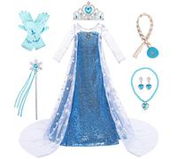 LOBTY Fille Robe de Princesse Elsa avec Accessoires Couronne Collier Déguisement de Reine des Neiges Costume de Princesse Anniversaire Fête Noël Partie Halloween Carnaval Cosplay Robe pour Enfants