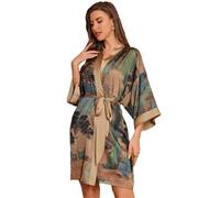LOCIIXAT Robe kimono en satin pour femme - Imprimé floral - Robe de chambre courte en satin - Robe de chambre ample pour demoiselles d'honneur