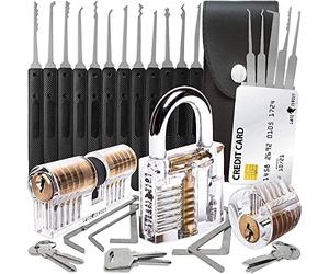 LockCowboy Kit de Crochetage 30 Pièces avec 3 Cadenas d'Entraînement Transparents - Apprendre le Lockpicking avec Lot Carte De Crédit - Guide Électronique pour Débutant et Serrurier Professionnel