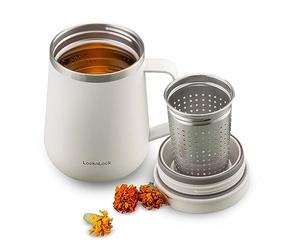 LocknLock Metro Tasse à thé ivoire 400 ml avec infuseur à thé, couvercle et poignée, gobelet de voyage isotherme à double paroi en acier inoxydable
