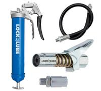 LockNLube Pistolet à graisse robuste avec poignée pistolet (bleu). Comprend notre coupleur de graisse breveté LockNLube® (se verrouille, reste en place, ne fuit pas) plus un tuyau de 50,8 cm de haute