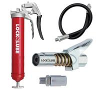 LockNLube Pistolet à graisse robuste (rouge) Comprend notre coupleur de graisse breveté LockNLube® (se verrouille, reste en place, ne fuit pas) plus un tuyau de 50,8 cm de haute qualité et un tuyau