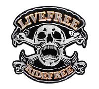 Locomo Grand écusson brodé à coudre ou à repasser Motif crâne de motard Jolly Roger Live Free Ride Free Moto Emblème Dos Veste Manteau T-shirt Biker