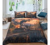 Locomotive à Vapeur d'époque Parure De Lit Housse 3D Imprimé Old Wooden Bridge Sunset in The Mountains Microfibre 3 Pièces, Housse Couette avec Taies d'oreiller Filles Garçon Double（200x200cm）