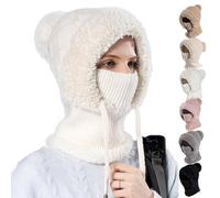 LOCPUFF 3 in 1 Beanie Hat with Scarf and Mask, 21-23in Ski Wind-Resistant Scarf, Thick Soft Knitted Hat for Outdoor (White,1)