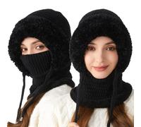 LOCPUFF 3 in 1 Beanie Hat with Scarf and Mask, 21-23in Ski Wind-Resistant Scarf, Thick Soft Knitted Hat for Outdoor (Black,2)