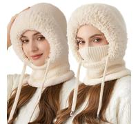 LOCPUFF 3 in 1 Beanie Hat with Scarf and Mask, 21-23in Ski Wind-Resistant Scarf, Thick Soft Knitted Hat for Outdoor (Beige,2)