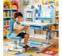 locwanot Ensemble Bureau et Chaise pour Enfants - Hauteur réglable - Table d'étude Ergonomique avec tiroir extractible - Support à Livres - Crochet Creux, pédale, cloison ((Plateau inclinable, Bleu))