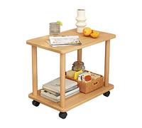 locwanot Table d'appoint à 2 niveaux en bois massif avec roulettes, petite table basse ouverte, table de rangement pour tourne-disque, ordinateur portable, table basse mobile rustique pour salon (bois