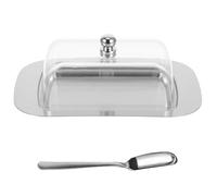 LOCZUK Beurrier en acier inoxydable avec couvercle transparent - Plat à fromage avec couteau pour réfrigérateur et plan de travail - Plateau de service pour fromage frais, petit-déjeuner et brunch