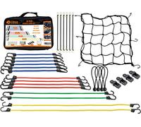 LODD - Kit tendeur de Fixation - 20 Sandows élastiques Haute Qualité Anti-UV et Crochets Métal + 8 tendeurs de bâche + 1 Filet Elastique + Valise de Transport - tendeurs Vélo, Moto et Remorque