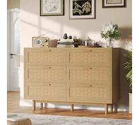 Lodera Commode 6 Tiroirs en Rotin, Commode de Chambre Style Bohème avec Cadre en Bois, Meuble de Rangement pour Chambre à Coucher, Salon, Entrée, 115 x 40 x 80 cm (chêne)