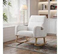 Lodera Fauteuil à Bascule, Chaise a Bascule Allaitement,Rocking Chair avec Autocollants antidérapants,Velours Teddy avec Pieds en Bois Massif,pour Salon, Chambre à Coucher, Bureau,Blanc