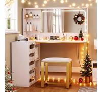 Lodera Grande Coiffeuse d'angle L avec Miroir LED 3 Couleurs Réglable et Tabouret - Table de Maquillage avec 5 Tiroirs et Étagères, Bureau de Vanité Moderne et Pratique, Blanc