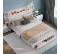 Lodera lit 140x200 cm avec LED et USB, lit Coffre 160x200 avec sommier, Rangement tiroir au Pied, tête de lit avec Rangement, Blanc