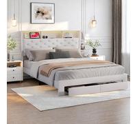 Lodera lit 140x200 en Tissu Blanc, avec LED et multiprise Double, tête de avec niches et étagères, Cadre Robuste lit 140x200 avec sommier, 2 Compartiment Rangement tiroir au Pied,Blanc