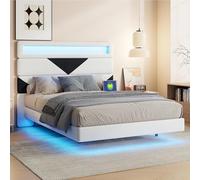 Lodera Lit 160x200 avec Design Flottant - Tête de Lit Rembourrée et Réglable, Lumières LED & 2 Ports USB Intégrés, Sommier et Rangement Pratique Inclus, en Velours Blanc et Noir, sans Matelas