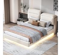 Lodera Lit 160x200 cm avec tête de lit Rabattable, Cadre en Lin tapissé, sommier à Lattes en Bois, Espace de Rangement intégré, lit Flottant avec LED, sans Matelas (Beige)