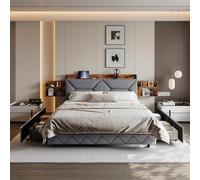 Lodera Lit 160x200, Lit Coffre 160×200 avec 4 Tiroirs, Port USB Intégré, Lits 2 Personnes avec Étagères Ouvertes et Cachées, Rembourré en Lin Gris