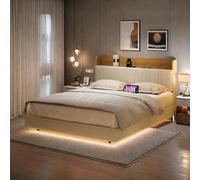 Lodera Lit Coffre 140x190 Design Flottant,Lit Double 140x190Tête de lit intégrée Doubles Poches, Lits Éclairage LED ambiant sous, Structure rembourrée en Cuir PU